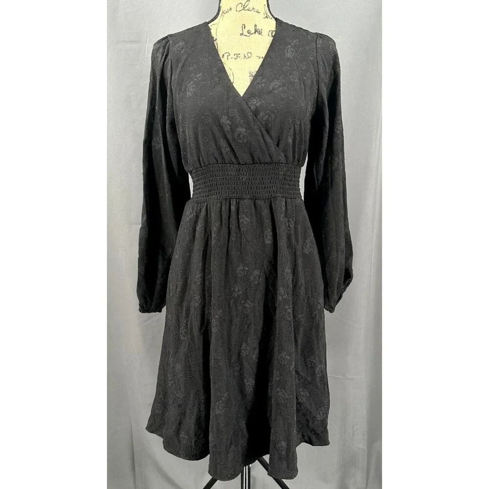 Draper James Dress RSVP Women Small Black Texture Lined Smock Floral V-Neck Midi